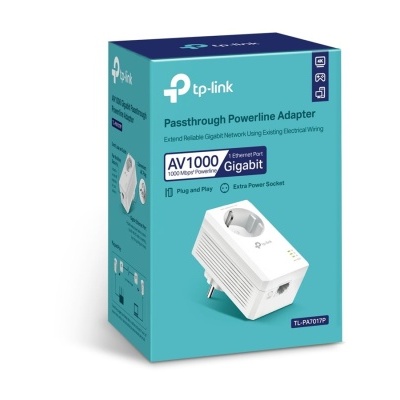 Caixa azul de adaptador Powerline TP-Link AV1000 com tomada extra