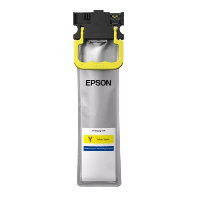 Cartucho de tinta amarelo Epson com corpo cinzento e tampa preta