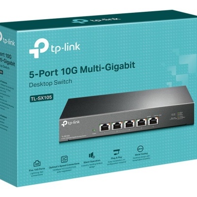 Caixa azul de switch de desktop tp-link 5-Port 10G Multi-Gigabit