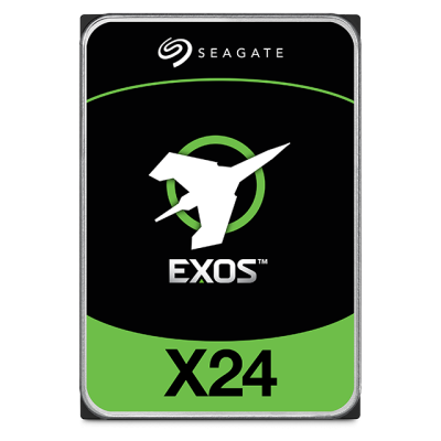 Disco rígido Seagate preto e verde com logotipo e texto EXOS X24.