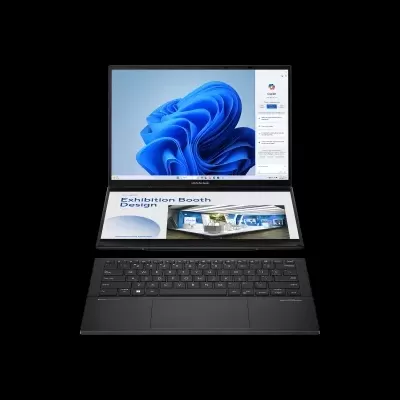 Computador portátil ASUS preto com dois ecrãs e teclado QWERTY