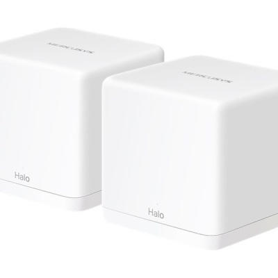 Dois dispositivos eletrónicos cúbicos brancos com a palavra 'Halo' e 'AMAZON ROUTER'