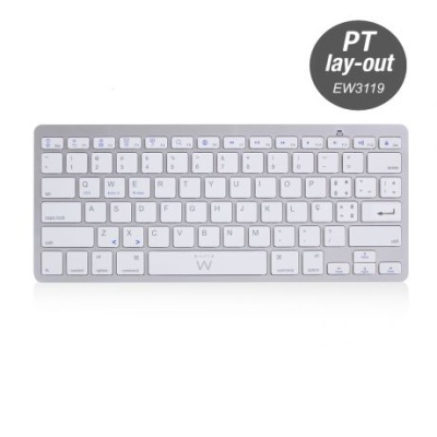 Teclado branco compacto com layout PT e etiqueta cinza