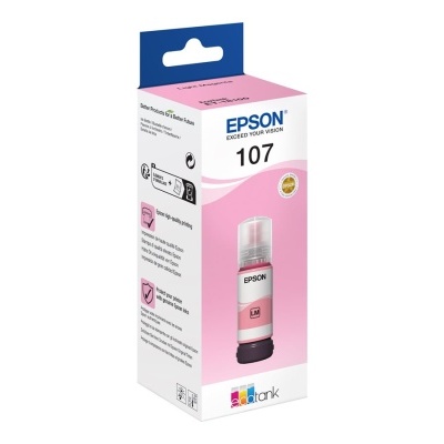 Cartucho de tinta Epson 107 rosa em embalagem branca e rosa