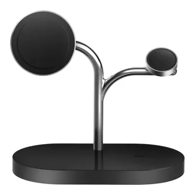 Carregador sem fios preto com duas plataformas circulares em suporte metálico cromado