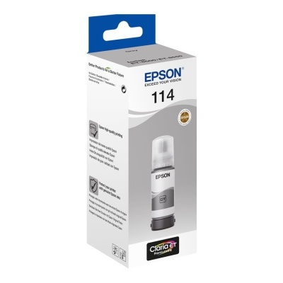 Embalagem de tinta Epson modelo 114 branca e cinza com frasco visível