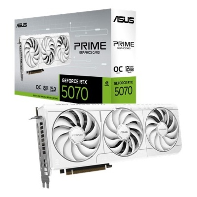 Placa gráfica ASUS PRIME GEFORCE RTX 5070 branca com três ventoinhas
