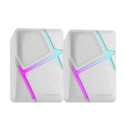 Colunas Mars Gaming brancas com iluminação LED azul e rosa