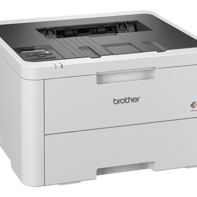 Impressora branca Brother vista de frente e ligeiramente de lado