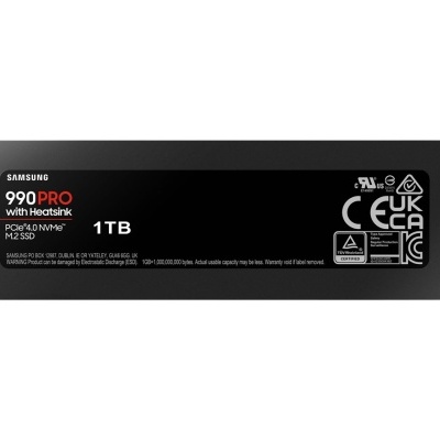 SSD Samsung 990 PRO 1TB preto com heatsink e texto branco e vermelho