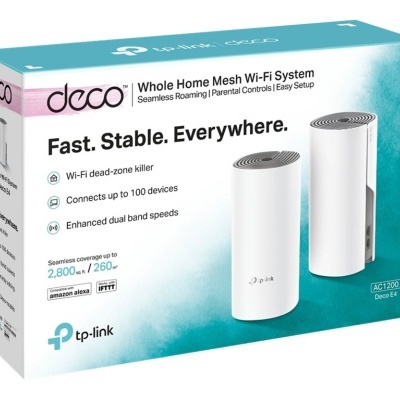 Caixa do sistema Wi-Fi mesh TP-Link Deco AC1200 com duas unidades cilíndricas brancas