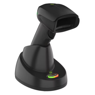 Leitor de código de barras sem fios preto na base de carregamento