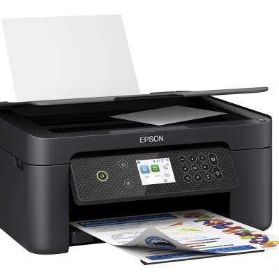 Impressora multifunções Epson preta a imprimir documento colorido