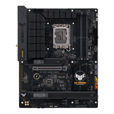 Placa-mãe ASUS TUF GAMING preta com dissipador e textos TUF GAMING