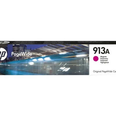 Cartucho de tinta HP 913A magenta em embalagem retangular com imagem industrial e texto