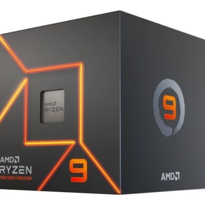 Caixa preta de processador AMD Ryzen 9 com detalhes laranja e cinza