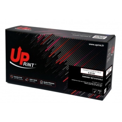 Embalagem preta de toner para impressora UP RiNT com texto e detalhes coloridos