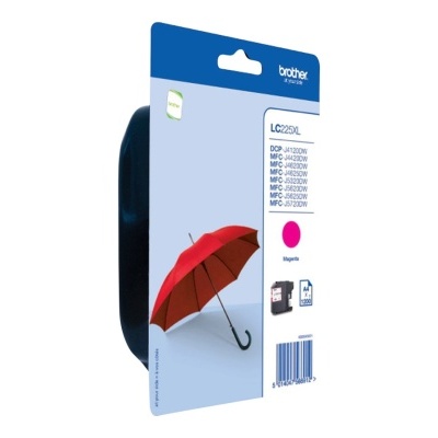 Cartucho de tinta Brother LC225XL magenta em embalagem com guarda-chuva vermelho