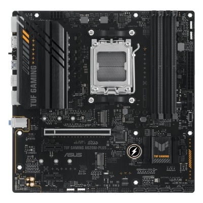 Placa-mãe ASUS TUF GAMING B660M-PLUS preta e cinza com slots para memória e texto visível