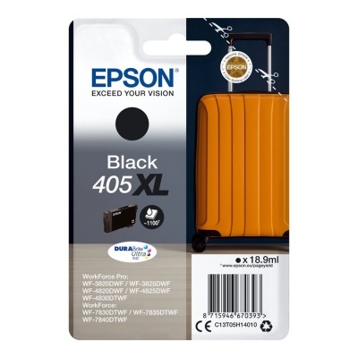Cartucho de tinta Epson 405 XL preto em embalagem rígida com etiqueta azul e branca.
