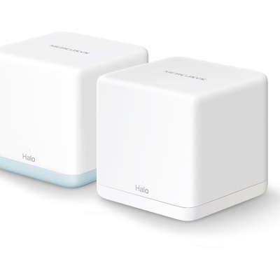 Dois dispositivos cúbicos brancos com a palavra Halo