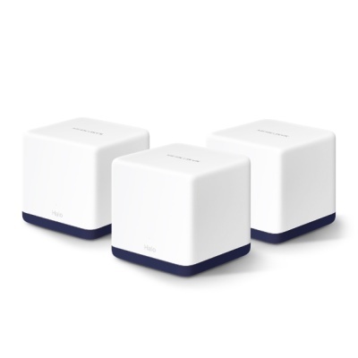 Três dispositivos cubo branco com base azul escura