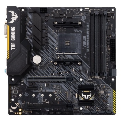 Placa-mãe ASUS TUF GAMING preta com detalhes amarelos e cinza