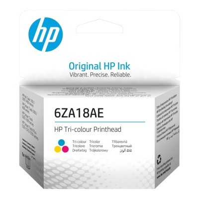Embalagem branca de tinteiro original HP, modelo 6ZA18AE, tri-cor, com texto e cores visíveis