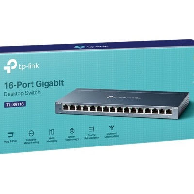 Comutador de secretária TP-Link 16-Port Gigabit em caixa azul e verde