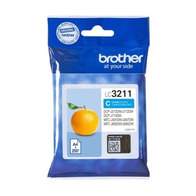 Embalagem de tinta Brother LC3211 ciano com imagem de laranja e lista de modelos compatíveis