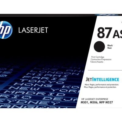 Embalagem de cartucho de toner HP LaserJet preto modelo 87AS com textos e design em azul e branco