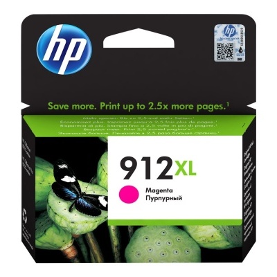 Embalagem do cartucho de tinta HP 912XL Magenta com imagem de borboleta e plantas