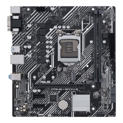 Placa-mãe ASUS PRIME H510M-E preta com linhas brancas e várias conexões