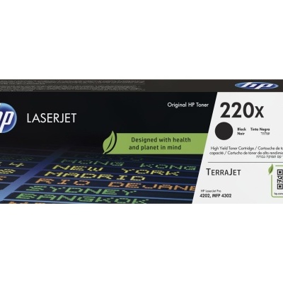 Cartucho toner HP 220X preto para LaserJet em embalagem.