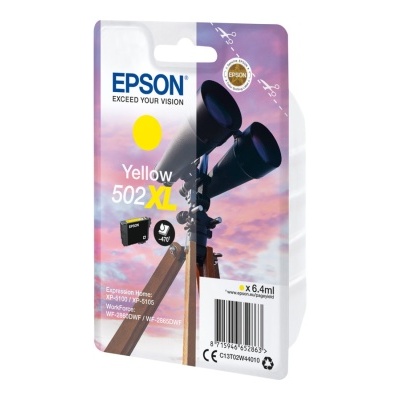 Cartucho de tinta Epson amarelo 502 XL com embalagem e imagem de telescópio ao pôr do sol