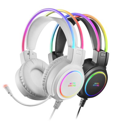 Dois auriculares gaming branco e preto com microfone e iluminação RGB