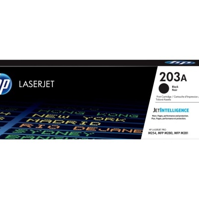 Cartucho de toner preto HP LaserJet 203A em embalagem preta e branca.