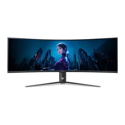 Monitor curvo ultrawide preto com base metálica em V e imagem futurística no ecrã