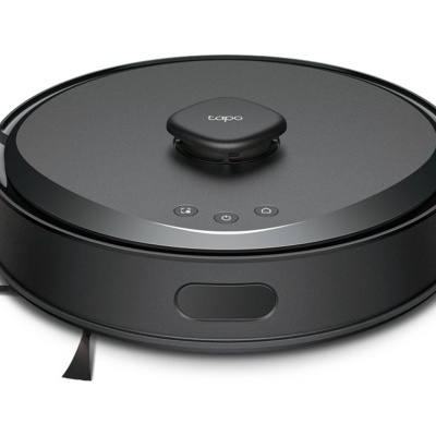 aspirador robô de cor preta com três botões e escova lateral