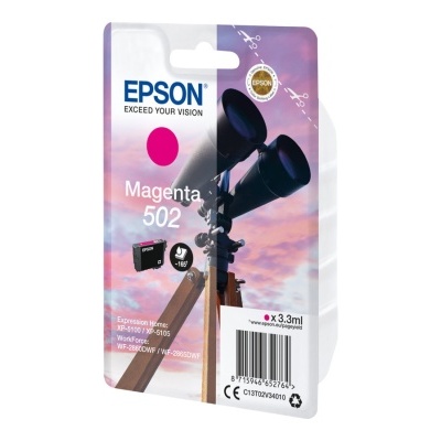 Cartucho de tinta Epson Magenta 502 com imagem de telescópio e texto em fundo de céu ao pôr do sol