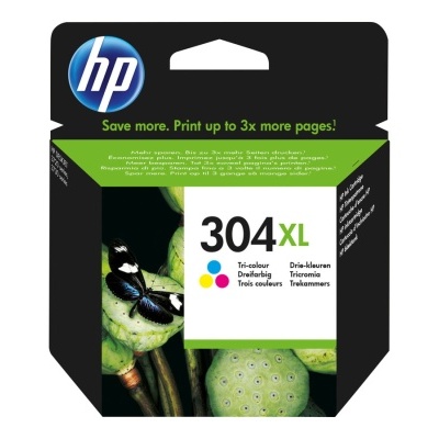 Cartucho de tinta HP 304XL tri-color em embalagem preta com texto e imagem de um inseto