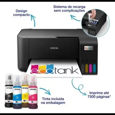 Impressora Epson EcoTank preta com garrafas de tinta coloridas