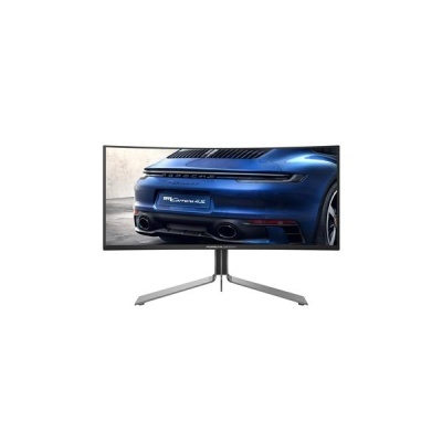Monitor curvo com imagem da traseira de um carro azul com texto 911 Carrera 4S