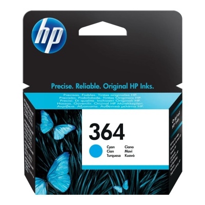 Embalagem tinta impressora HP 364 Cyan com borboletas azuis