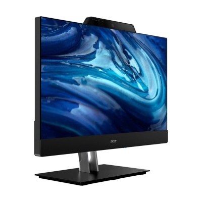 Monitor Acer preto com base quadrada e ecrã com padrão azul abstrato