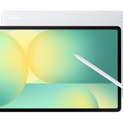 Tablet Samsung branco com caneta e ecrã colorido com círculos amarelos e verdes.