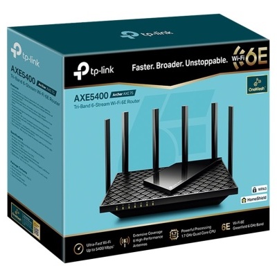 Embalagem azul de roteador TP-Link AXE5400 Wi-Fi 6E com imagem do produto preto e seis antenas