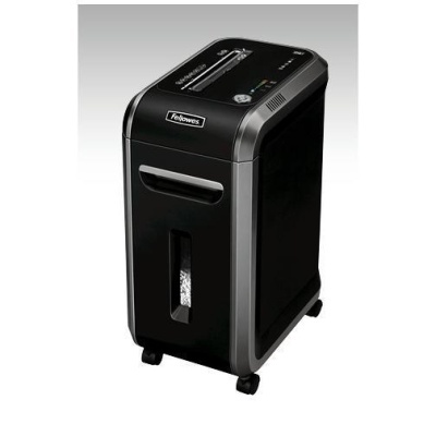 Trituradora de papel Fellowes preta com detalhes cinzentos e visor frontal