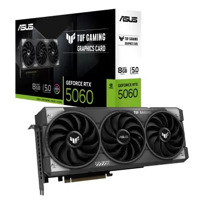 Placa gráfica ASUS TUF GAMING GeForce RTX 5060 com três ventoinhas e caixa preta e branca.