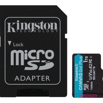 Adaptador microSD preto Kingston e cartão microSD azul, roxo e preto Kingston Canvas Go! Plus 1TB
